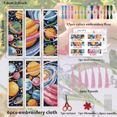 ACRNIGHEET 6PCS Cross Stitch Bookmark Kit for Beginner Stamped Cross Stitch Kits for Adults Planet DIY Tassel Embroidery Bookmark Kits Needlepoint Kit with Instructions Craft Gift 8.5''x3'' 11CT - Image 2