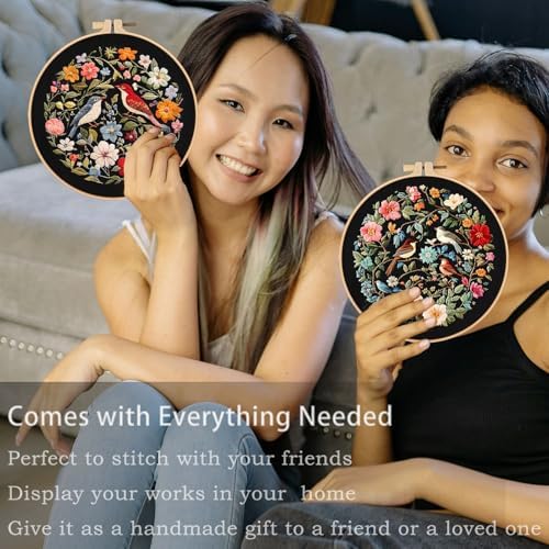 FONNUY Embroidery Kit for Beginners, Birds with Flowers Pre-Stamped Pattern Kits for Adults with Hoop, Easy to Follow Color Thread Needlework, 8'' Hoop (Red) - Image 4