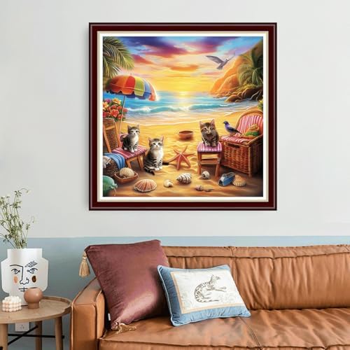 Joyhoor Cross Stitch Kits for Beginners Stamped Cross-Stitch Supplies Needlework preprint Embroidery Kits for Adults DIY Needlepoint Kit Embroidery Patterns 11CT-Beach Cat Scenery 18x18 inch - Image 2