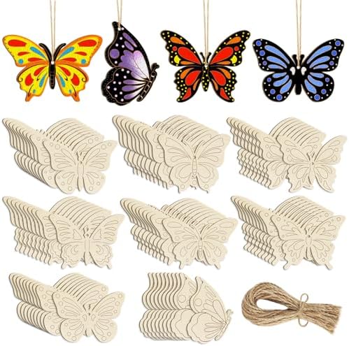 80PCS Wooden Spring Ornaments to Paint Butterfly Cutouts, 8 Styles DIY Blank Unfinished Wood Butterfly Cutouts Ornament for Home Crafts Hanging Decorations by Sophena