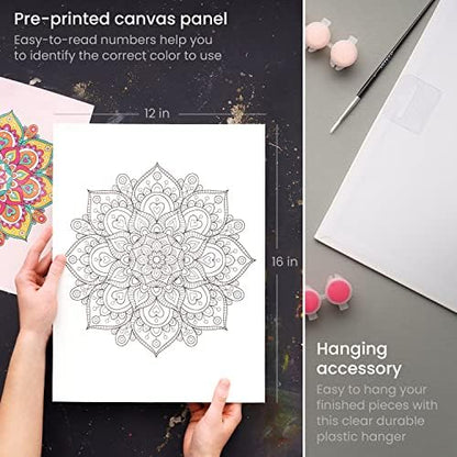 ARTEZA Paint by Number for Adults, 12x16 Inches, 21 Pieces, Mandala Paint by Numbers Kit, Comes with 1 Canvas Panel, 12 Acrylic Paint Pots, 5 Paintbrushes, Art Supplies for Home & Office Wall Decor - Image 2