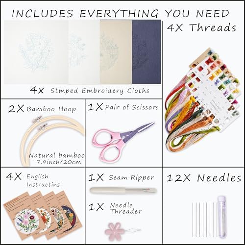 Bonroy 4 Sets Embroidery Kit for Beginners with Instructions,Cross Stitch Kits for Adults with Pattern,Needlepoint Kits for Adult Include Embroidery Cloth Hoops Needles Threads - Image 3