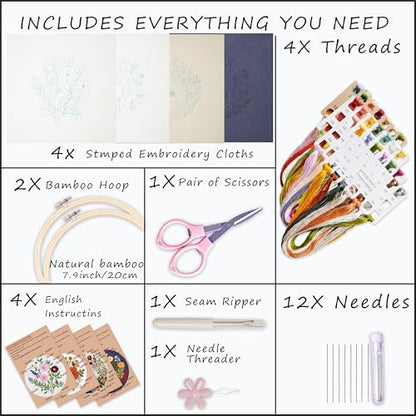 Bonroy 4 Sets Embroidery Kit for Beginners with Instructions,Cross Stitch Kits for Adults with Pattern,Needlepoint Kits for Adult Include Embroidery Cloth Hoops Needles Threads - Image 3