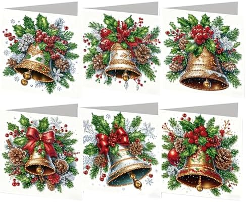 jinglinhh 6pcs Diamond Art Painting Christmas Bell Greeting Cards with Envelopes, DIY Card Making Kits for Adults, Diamond Art Christmas Cards for Birthday Holiday Postcards by Unknown