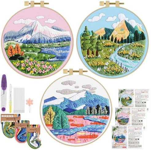 ERKOON 3 Sets Embroidery Kit, Floral Cross Stitch Set for Include Embroidery Cloth Hoops Threads for Craft Lover Hand Stitch (Landscapes) by ERKOON