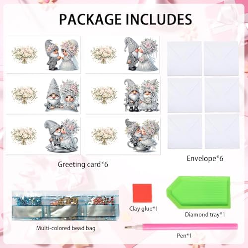 AiYuanzsh Set of 6 Gnome Diamond Painting Greeting Cards – 5D DIY Craft Kits for Handmade Bride and Groom Cards, Perfect for Wedding Gifts and Anniversaries - Image 2