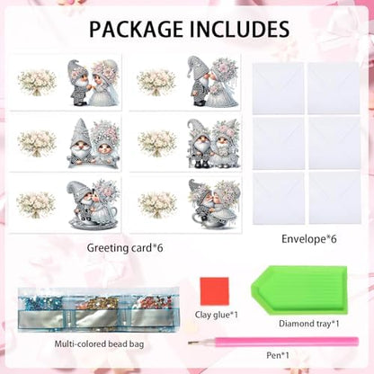 AiYuanzsh Set of 6 Gnome Diamond Painting Greeting Cards – 5D DIY Craft Kits for Handmade Bride and Groom Cards, Perfect for Wedding Gifts and Anniversaries - Image 2