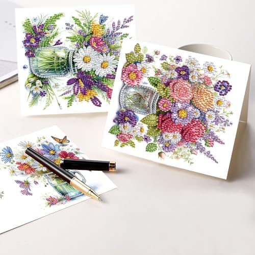 Tontut 6pcs Diamond Art Painting Greeting Card, Pretty Vase Beautiful Flowers 5D DIY Special Shape Diamond Painting Christmas Birthday Greeting Card Creative Gifts - Image 6