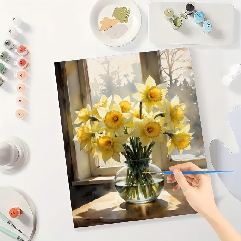 DecorFriday Still Life Paint by Numbers Kit for Adults - DIY Yellow Daffodils in Vase by Window Painting on Rolled Canvas 16x20 Inches, Acrylic Paint Set, Suitable for Beginners, Art for Home or Gift - Image 4