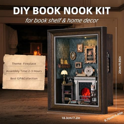 Book Nook Kit - 3D Wooden Puzzle with LED Switch Control & Wall-Mountable Frame,DIY Miniature House for Beginners,Bookshelf/Tabletop/Wall Decor for Craft Lovers,Dollhouse Gift,Fireplace - Image 5