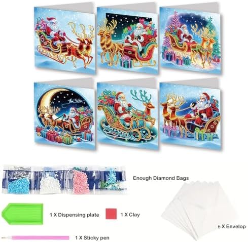 jinglinhh 6pcs Christmas Elk Santa Gifts Diamond Art Painting Greeting Cards with Envelopes, DIY Card Making Kits for Adults, Diamond Art Postcards Holiday Cards Craft Gifts - Image 3