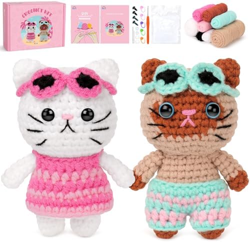 Fortuning's JDS Crochet Kit for Beginners, Couple Cat Crochet Kit for Beginners Adults Kids, Crochet Cat Kit with Step-by-Step Video Tutorials, Creative Handmade Crochet Gifts for Cat Lovers by FortuningsJDS