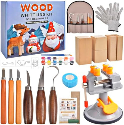 Wood Carving Tools Kit - 40pcs Whittling Kit with Mini Bench Vise, 6pcs Knives, 7pcs Blocks, 12 Colors of Paint, 6 Template, Gloves, Manual, Complete Woodworking Set for Beginners, Whittling Gifts by ChezMax