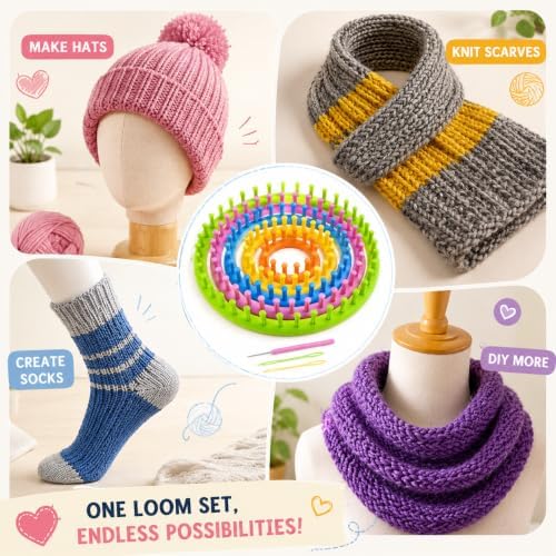 JAMIT Round Knitting Looms Set Craft Kit DIY Tool with Hook Needle, Set of 5 Plastic Looms Knitting for Hat Scarf Shawl Sweater Sock and Blankets - Image 3
