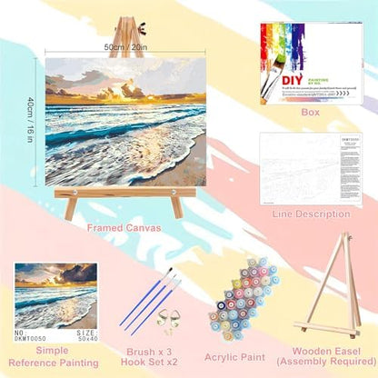 Beach Paint by Numbers for Adults with Framed Canvas - with Wooden Easel - Image 2