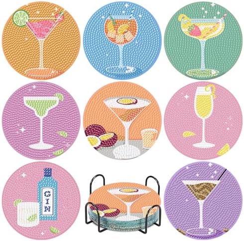 8Pcs Diamond Painting Coasters with Holder,DIY Cocktail Life Coaster Diamond Art Kits for Adults,Beginners Round Full Drill Diamond Art Craft Supplies by tigdtiu