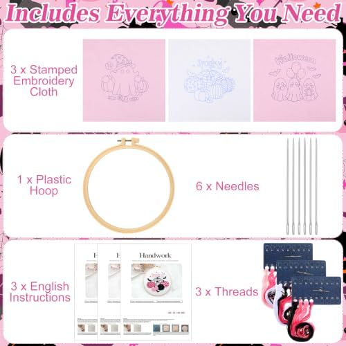 Mindsoft 3 Set Needlepoint Kit for Beginners with Hoop,Pink Halloween - Image 4