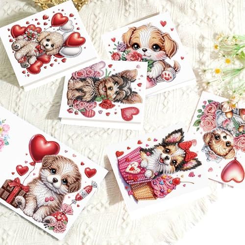 LazyFold 6 Pcs Diamond Art Painting Greeting Cards Kits, DIY Cute Puppy Handmade Festival Greeting Cards with Envelopes Diamond Art Crafts Birthday Cards Creative Valentine's Day Gift - Image 5