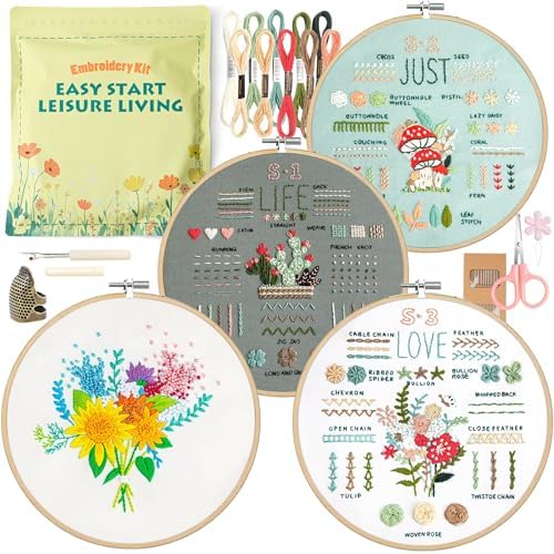 LX LERMX Embroidery Kit for Beginners Adults, 34 Stitch Techniques with Floral Patterns, Complete DIY Kit with Stamped Patterns, Hoop, Colorful Threads, Tools (Pattern 2) by LXLERMX