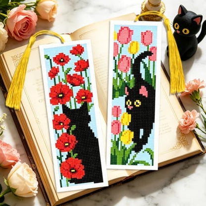 ACRNIGHEET 6PCS Cross Stitch Bookmark Kit for Beginner Stamped Cross Stitch Kits for Adults Cat & Floral DIY Tassel Embroidery Bookmark Kits Needlepoint Kit with Instructions Craft Gift 8.5''x3'' 11CT - Image 5