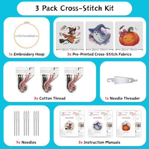 3 Pack Halloween Stamped Cross Stitch Kits for Beginners,with Hoop 6x6in - Image 3