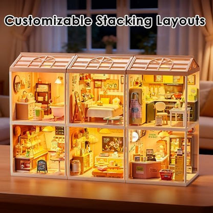 Cute Cat Cafe DIY Miniature House Kit with Roof & LED Light, Stackable & Connectable Dollhouse Kit with Dustproof Door, Creative DIY Crafts Building Toy Gift for Adults Teens - Image 6