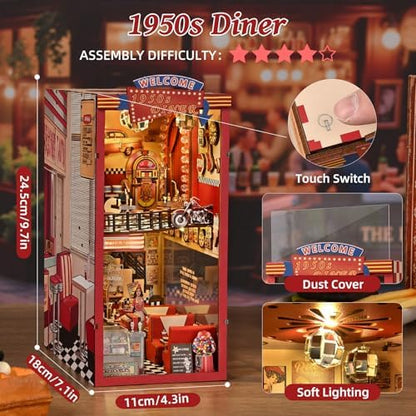 fifijoy Book Nook Kit - DIY Miniature House Kit for Adults, Retro 1950s Diner Tiny House Building Kit with LED, Dollhouse Kit Bookshelf Insert Decor Gifts of Family and Friends (1950s Diner) - Image 5