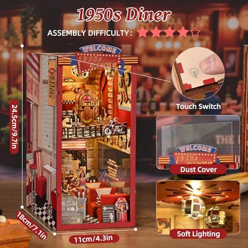 fifijoy Book Nook Kit - DIY Miniature House Dollhouse Kit for Adults and Teens, Booknook Retro Diner Bookshelf Decor 3D Wooden Puzzle with LED Light, Gifts for Family and Friends (1950s Diner) - Image 6