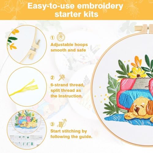 GLTAYLMY Cute Dogs Embroidery Kit for Beginners with Pattern and Instructions,3 Pack Cross Stitch Kits,1 Plastic Embroidery Hoops,Threads and Needles,Needlepoint Kit for Adults - Image 4