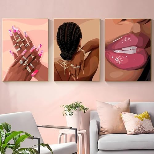 3 Pack Black Girl Pink Paint by Numbers Kit for Adults Canvas,Frameworkless - Image 2