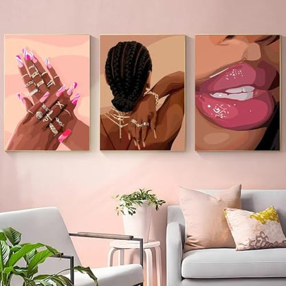 3 Pack Black Girl Pink Paint by Numbers Kit for Adults Canvas,Frameworkless - Image 2