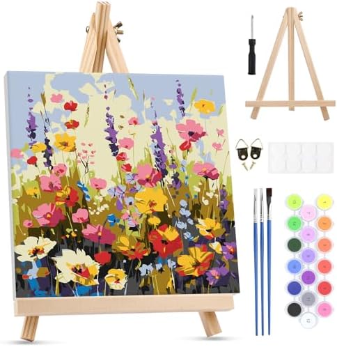 MXJSUA Wildflowers Paint by Numbers Kit with Frame for Adults, Easy Beginners Paint by Number on Canvas with Easel, Acrylic Number Painting Craft Gifts for Home Decor, 10x10 inch by MXJSUA-DiamondPaintingkits