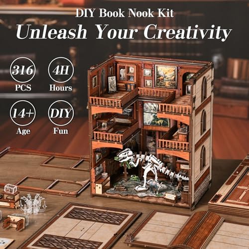 Dinosaur Museum Book Nook Kit - 3D Wooden Puzzle & DIY Miniature Dollhouse with LED Warm Light | Vintage Bookshelf Insert & Sturdy Bookends | Premium Creative Gift for Adults& Book Lovers - Image 7