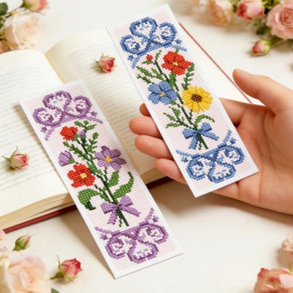 INFUNLY 6 Pcs Bouquet Stamped Cross Stitch Bookmark Kit with Tassels, Pre-Printed Water Soluble Grid for Adults Beginners, DIY Embroidery Set with Tools, Gift for Book Lovers - Image 7