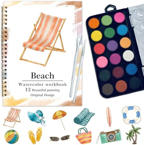 Watercolor Workbook, Water Coloring Book, 12 Different Patterns of Original DIY Designs, 18 Colors Watercolor Set, Beginner-Friendly Watercolor Workbooks (Beach), Perfect Gifts for Adults by Unknown
