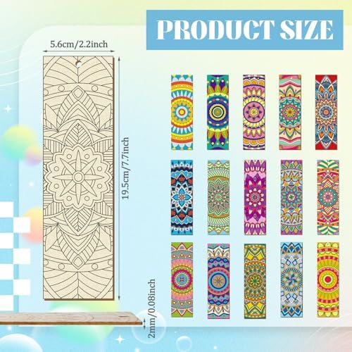Reallnaive 42 Pcs Wooden Mandala Bookmarks DIY Painting Set Includes 15 Unfinished Blank Bookmarks 15 Tassels 12 Markers, for Mandala Gift Arts Craft Party for Adults Hobby - Image 2