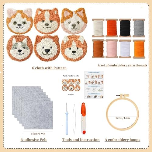 Starter Needle Coasters Kit, Punch Needle Embroidery DIY Set for Beginners Adults, Easy Coasters Kit with Adhesive Felt, Yarns, Embroidery Hoop (Yellow Dog) - Image 2
