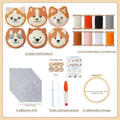 Starter Needle Coasters Kit, Punch Needle Embroidery DIY Set for Beginners Adults, Easy Coasters Kit with Adhesive Felt, Yarns, Embroidery Hoop (Yellow Dog) - Image 2