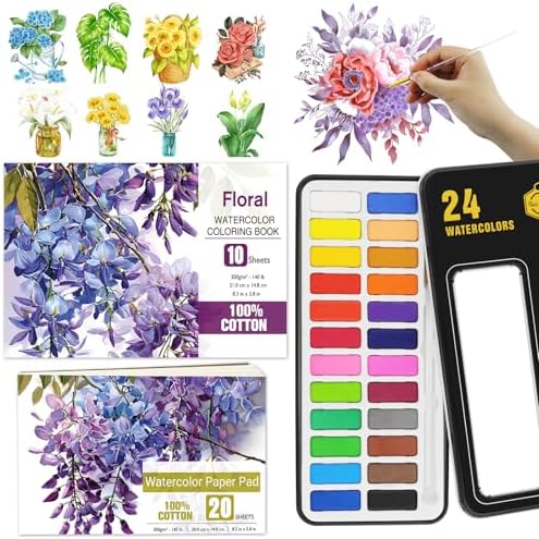 Watercolor Coloring Book Kit for Adults 24 Color Paint Set with Brush by Home