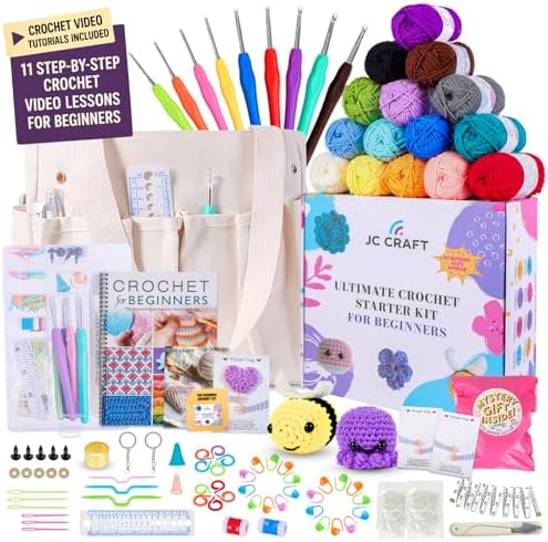 JC CRAFT Beginner Crochet Kit – 81 Piece Starter Set with 15 Colorful Yarns, Ergonomic Hooks, Complete Supplies, White Tote Bag, Accessories Case, Guide Book & Online Video Lessons by JCCRAFT