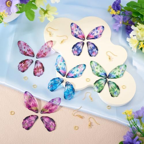 FASHEWELRY 20Pcs Resin Feather Wing Charms Mixed Color Flower Prints Fairy Wing Earring Pendants Colorful Butterfly Charms with Gold Foil for Jewelry Making - Earring Hooks & Jump Rings - Image 2