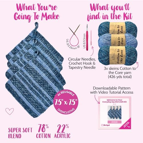 KnitPal Dishcloth Knitting Kit for Beginners (Jean Blue + Sky Blue) - Image 3