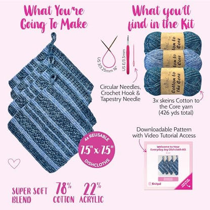 KnitPal Dishcloth Knitting Kit for Beginners (Jean Blue + Sky Blue) - Image 3