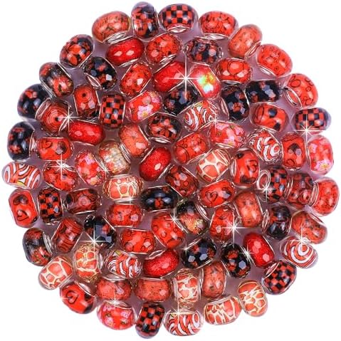 Aipridy Large Hole European Beads, Craft Supplies Kit，Assorted Mixed Color Lampwork Spacer Beads for DIY Bracelet Jewelry Making (100, Red) - Image 2