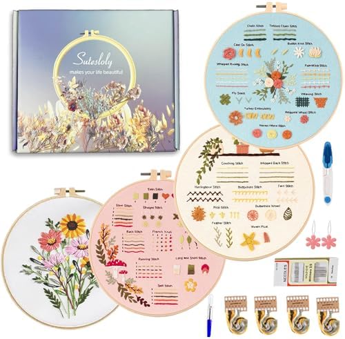 Sutesloly Hand Embroidery Kit for Beginners, 4 Sets Learn to Floral Patterns Simple Beginner Starter kit for Adults, 33 Stitches Easy Embroidery Practice Kit, 7.8inch Hoop, DIY Craft Gift for Women by Unknown