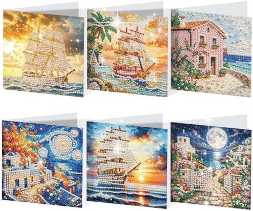 Artiphile DIY Pearl Art Painting Greeting Card Set Crafts Decor 6-Piece Foldable Cards Kit with Envelopes and Tools for Holiday Wishes Adult Crafting Project-Sailboat by Artiphile