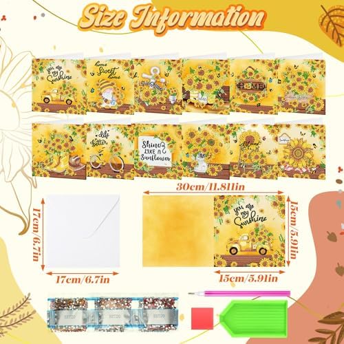 Saillong 12 Pack Sunflower Diamond Painting Greeting Card Kits DIY Diamond Art Cards with Envelopes Summer Flowers Gnome 5D Rhinestones Painting Card for Adults DIY Crafts Family Friend Birthday Gifts - Image 3