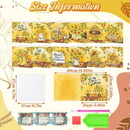 Saillong 12 Pack Sunflower Diamond Painting Greeting Card Kits DIY Diamond Art Cards with Envelopes Summer Flowers Gnome 5D Rhinestones Painting Card for Adults DIY Crafts Family Friend Birthday Gifts - Image 3