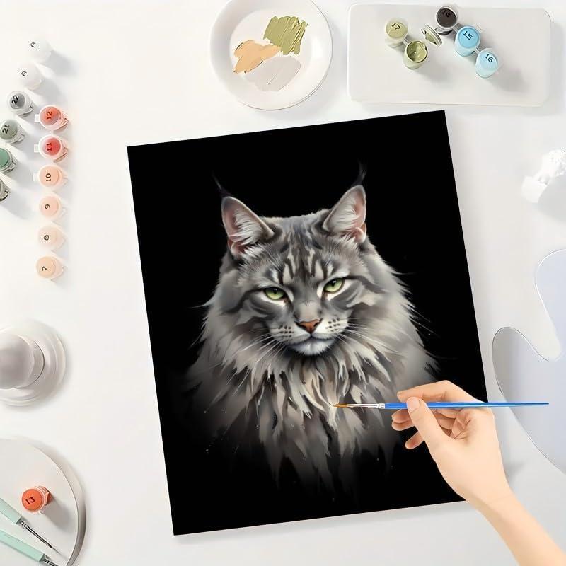 Handsome Cat Paint by Numbers Kit for Adults - DIY Long-Haired Gray Cat with Green Eyes Painting on Canvas 16x20 Inches, Acrylic Paint Set, Suitable for Beginners,Art for Decoration or Gifts - Image 3