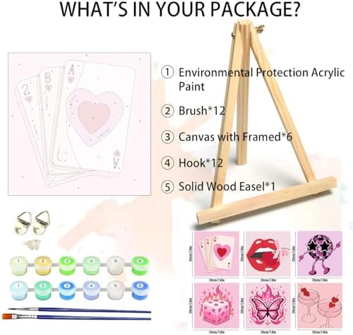 6 Pack Framed Adult Paint by Number Beginners with Wooden Easel,Pink Vintage Adults' Paint-by-Number Kits,Retro DIY Acrylic Paint Kit with Frame,Easy Paint by Numbers Canvas for Decor 8x8 inch - Image 2